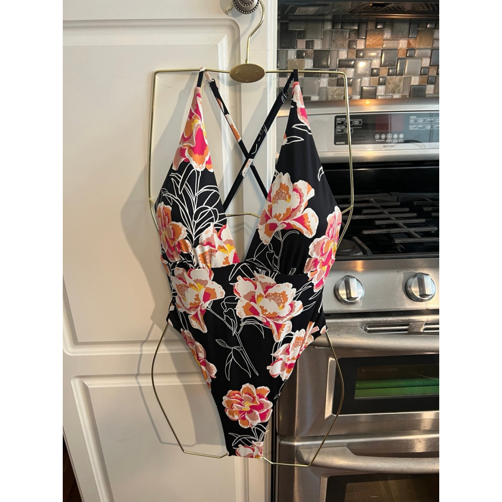 NWT ROXY Women's Black Floral Stretch Deep V Neck One Piece Swimsuit - Picture 4 of 7